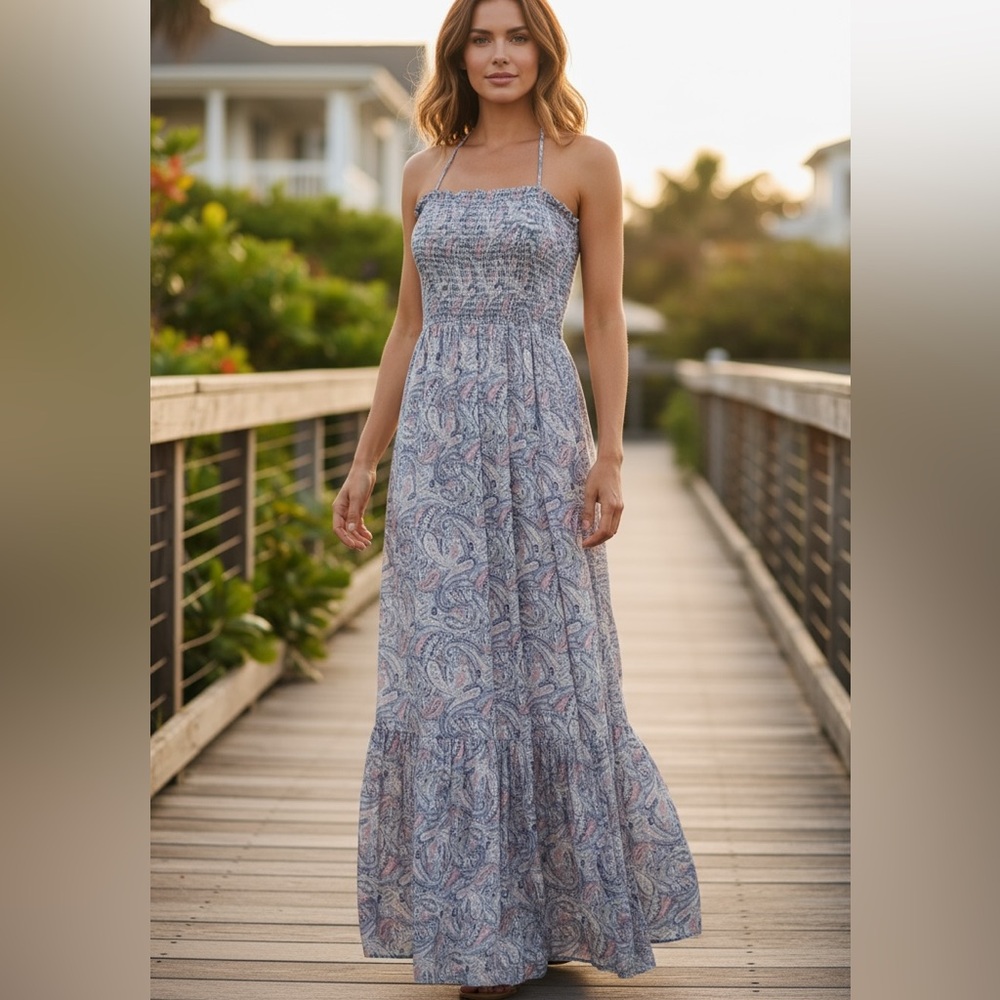 Smocked Paisley Maxi Dress in Soft Blue